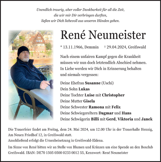 Traueranzeige von Rene Neumeister von Ostsee-Zeitung GmbH
