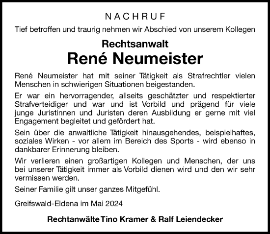 Traueranzeige von Rene Neumeister von Ostsee-Zeitung GmbH