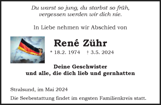 Traueranzeige von Rene Zühr von Ostsee-Zeitung GmbH