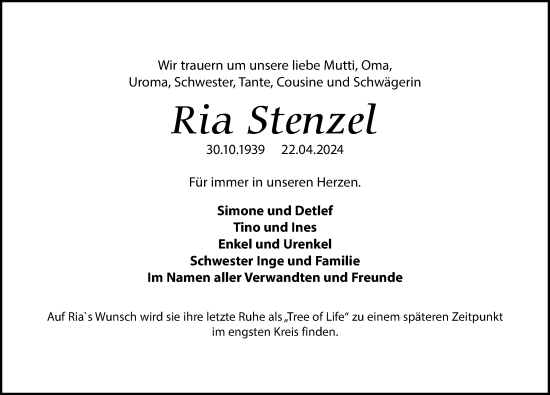 Traueranzeige von Ria Stenzel von Leipziger Volkszeitung