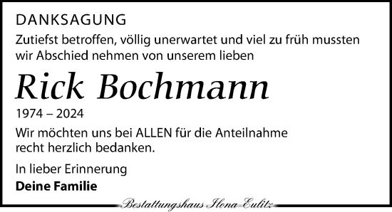 Traueranzeige von Rick Bochmann von Torgauer Zeitung