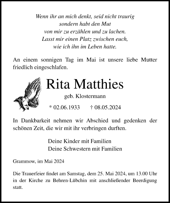 Traueranzeige von Rita Matthies von Ostsee-Zeitung GmbH