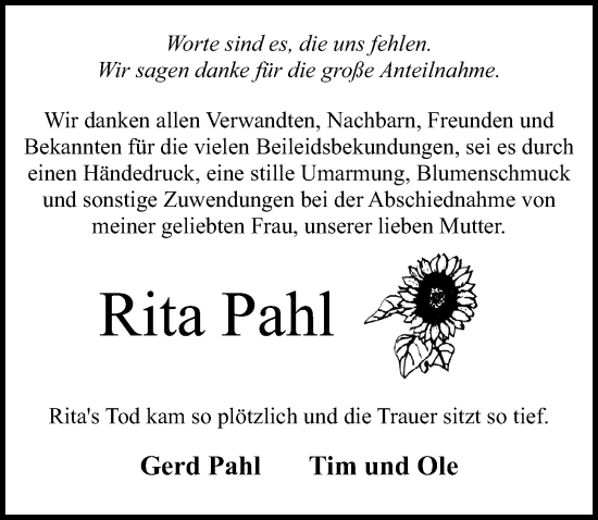 Traueranzeige von Rita Pahl von Ostsee-Zeitung GmbH