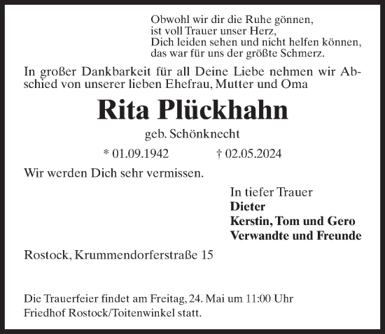 Traueranzeige von Rita Plückhahn von Ostsee-Zeitung GmbH
