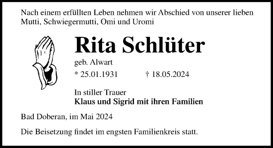 Traueranzeige von Rita Schlüter von Ostsee-Zeitung GmbH