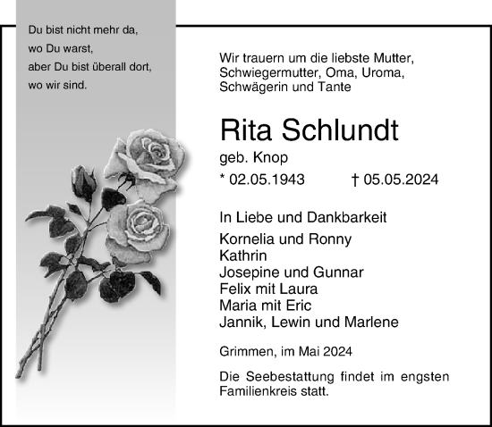 Traueranzeige von Rita Schlundt von Ostsee-Zeitung GmbH