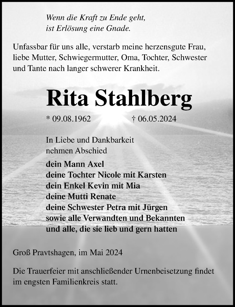  Traueranzeige für Rita Stahlberg vom 11.05.2024 aus Ostsee-Zeitung GmbH