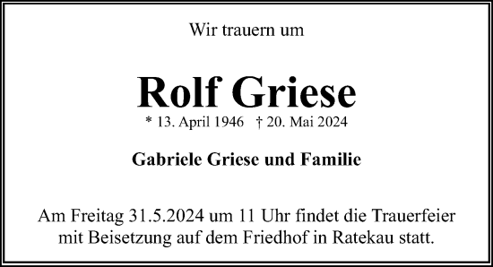 Traueranzeige von Rolf Griese von Lübecker Nachrichten