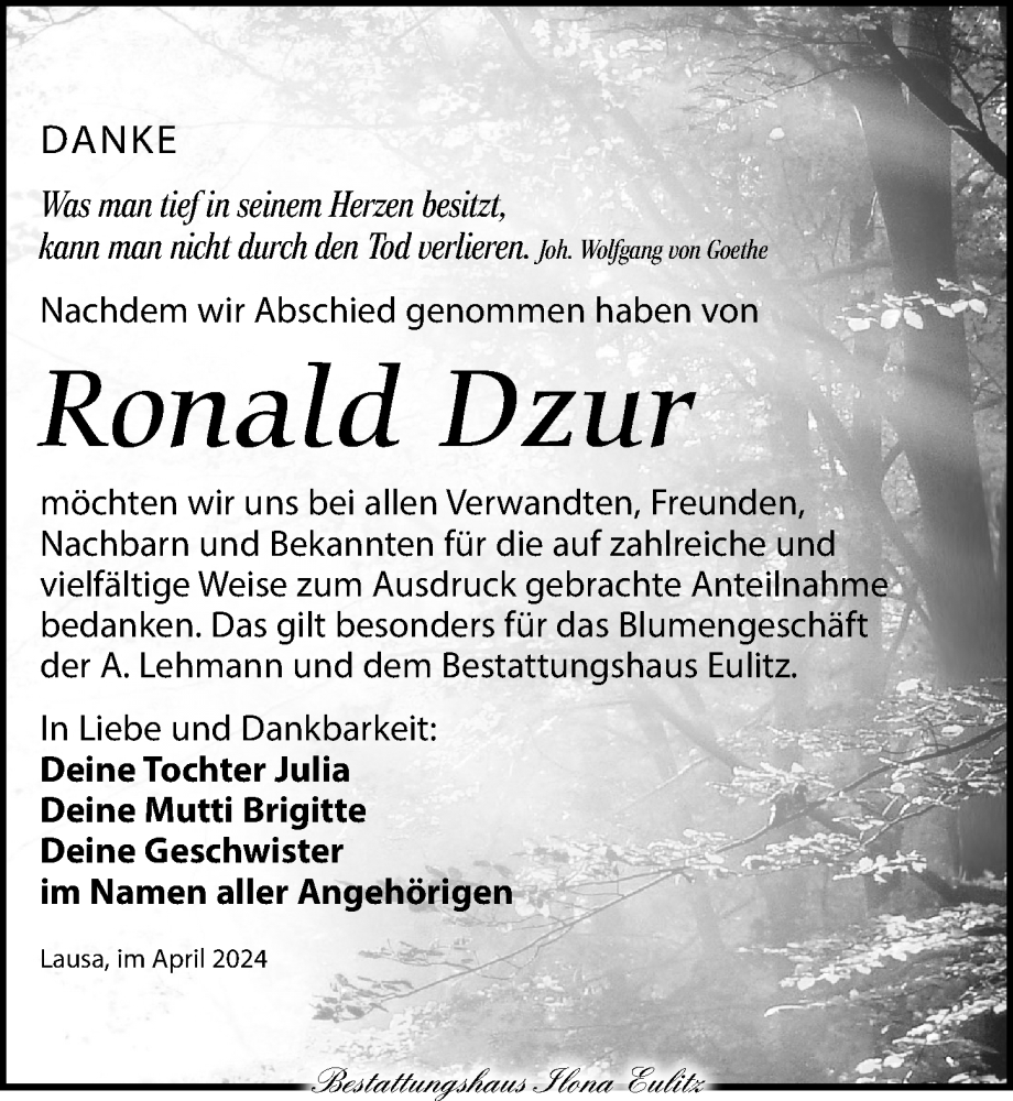  Traueranzeige für Ronald Dzur vom 11.05.2024 aus Torgauer Zeitung
