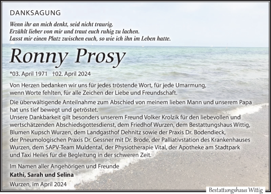 Traueranzeige von Ronny Prosy von Leipziger Volkszeitung