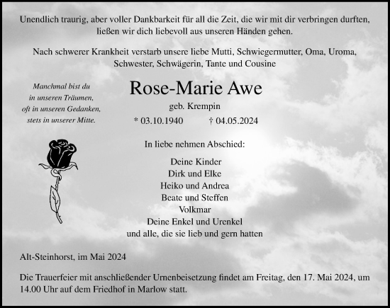 Traueranzeige von Rose-Marie Awe von Ostsee-Zeitung GmbH