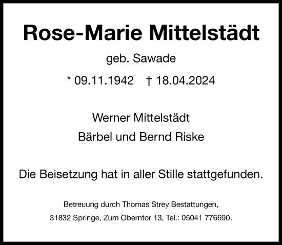 Traueranzeige von Rose-Marie Mittelstädt von Hannoversche Allgemeine Zeitung/Neue Presse