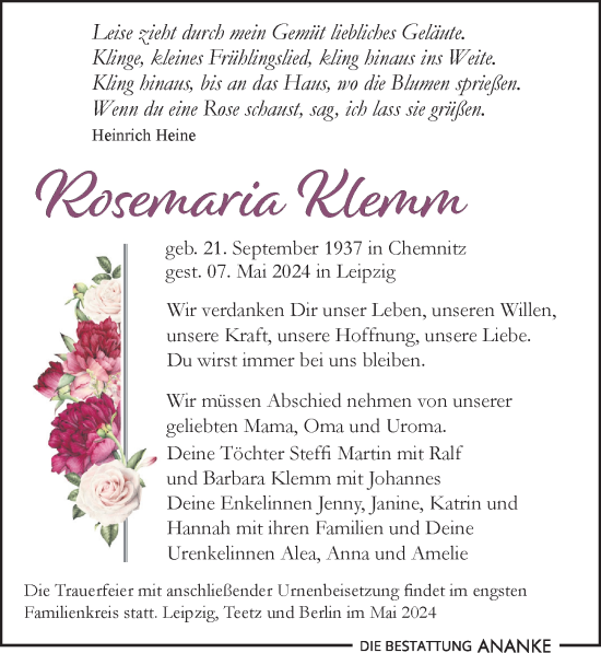 Traueranzeige von Rosemarie Klemm von Leipziger Volkszeitung