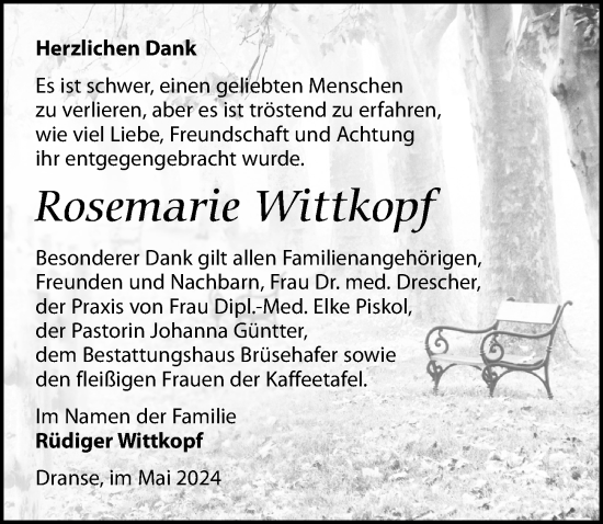 Traueranzeige von Rosemarie Wittkopf von Wochenspiegel