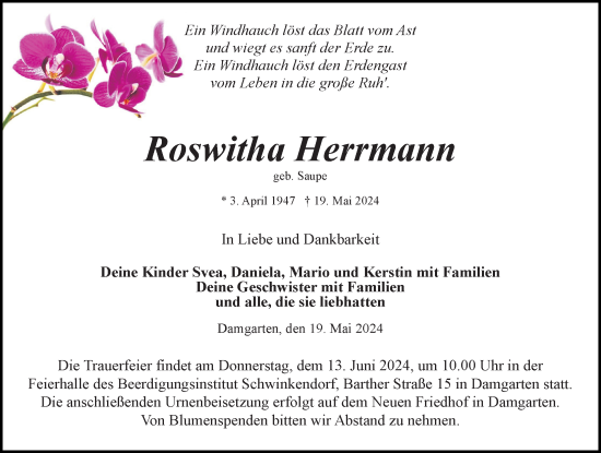 Traueranzeige von Roswitha Herrmann von Ostsee-Zeitung GmbH