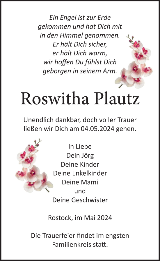 Traueranzeige von Roswitha Plautz von Ostsee-Zeitung GmbH
