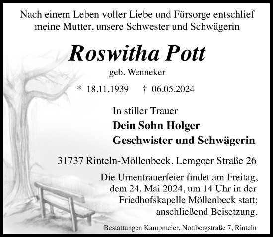 Traueranzeige von Roswitha Pott von Schaumburger Zeitung/ Landes-Zeitung