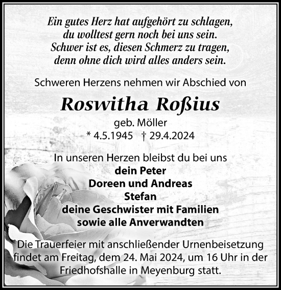 Traueranzeige von Roswitha Roßius von Wochenspiegel
