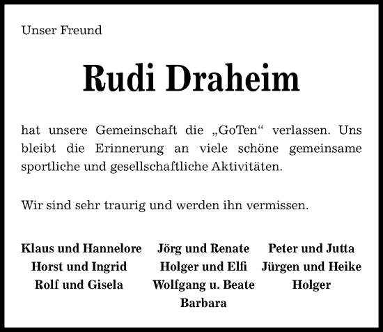 Traueranzeige von Rudi Draheim von Kieler Nachrichten