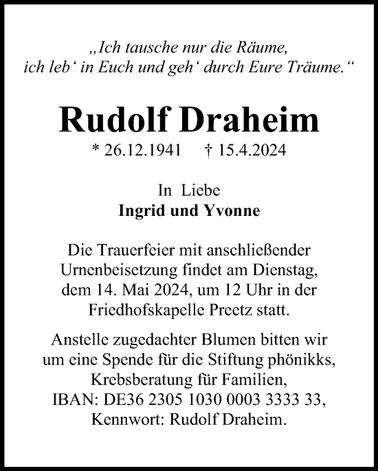Traueranzeige von Rudolf Draheim von Kieler Nachrichten