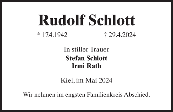 Traueranzeige von Rudolf Schlott von Kieler Nachrichten