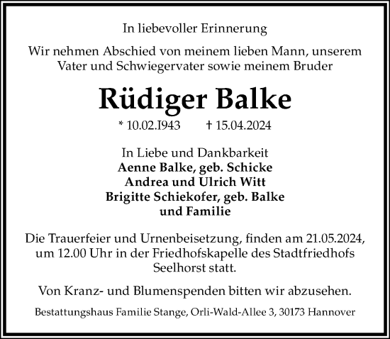 Traueranzeige von Rüdiger Balke von Hannoversche Allgemeine Zeitung/Neue Presse