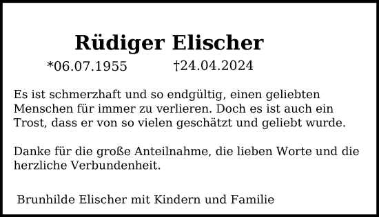 Traueranzeige von Rüdiger Elischer von Lübecker Nachrichten