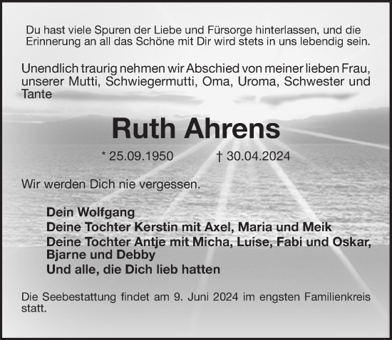 Traueranzeige von Ruth Ahrens von Ostsee-Zeitung GmbH
