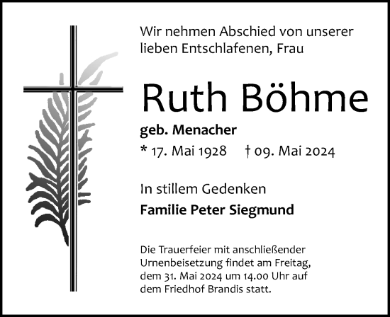 Traueranzeige von Ruth Böhme von Leipziger Volkszeitung