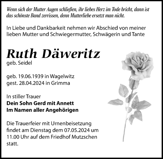 Traueranzeige von Ruth Däweritz von Leipziger Volkszeitung