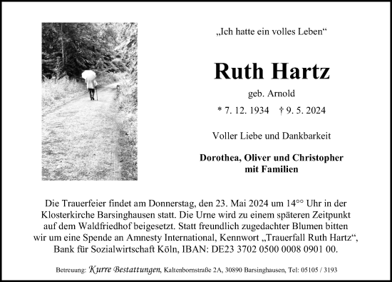 Traueranzeige von Ruth Hartz von Hannoversche Allgemeine Zeitung/Neue Presse