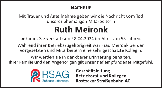 Traueranzeige von Ruth Meironk von Ostsee-Zeitung GmbH