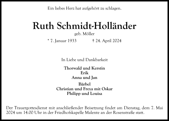Traueranzeige von Ruth Schmidt-Holländer von Kieler Nachrichten