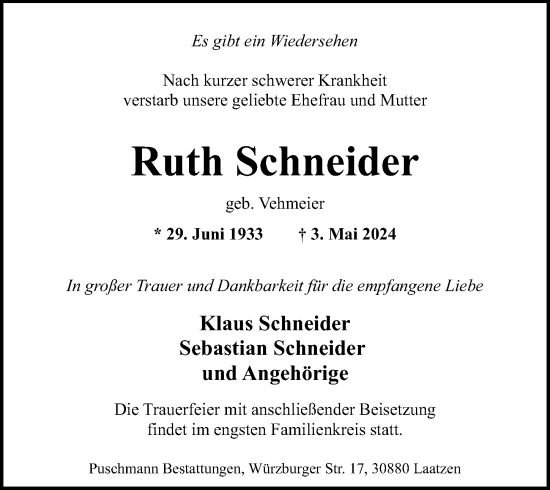 Traueranzeige von Ruth Schneider von Hannoversche Allgemeine Zeitung/Neue Presse