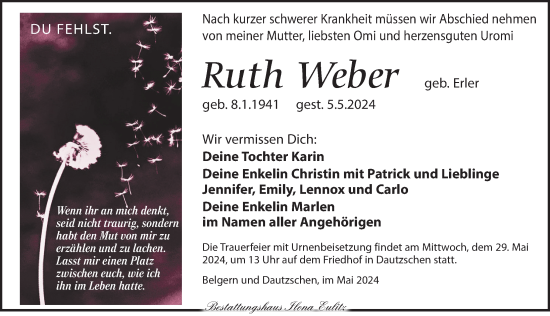 Traueranzeige von Ruth Weber von Torgauer Zeitung