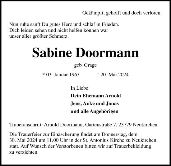 Traueranzeige von Sabine Doormann von Lübecker Nachrichten