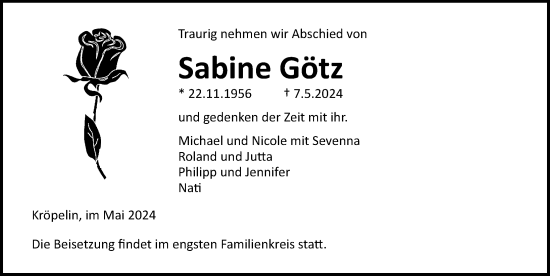 Traueranzeige von Sabine Götz von Ostsee-Zeitung GmbH