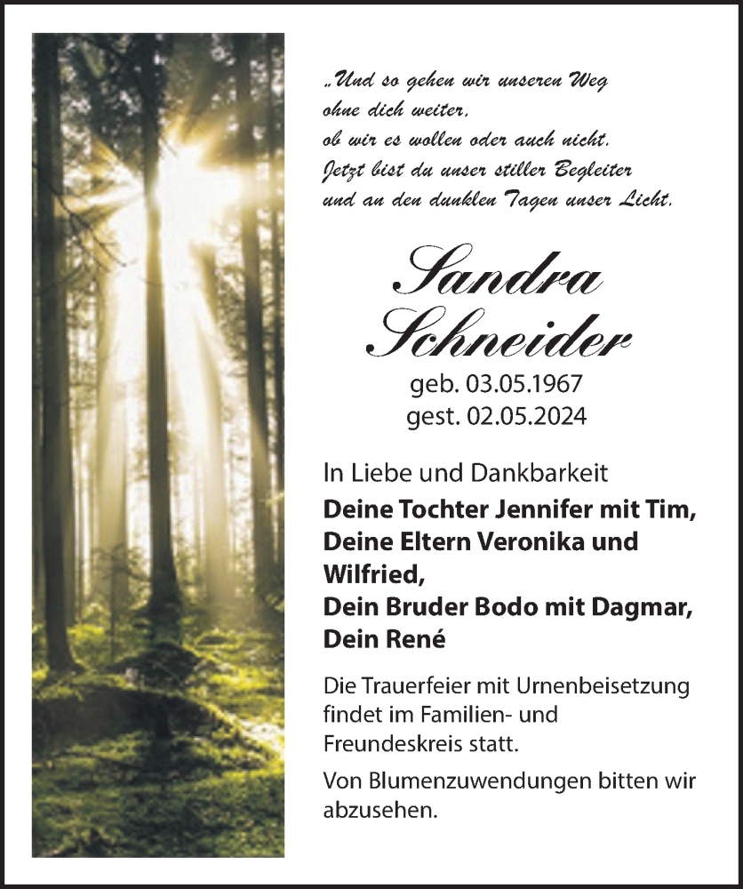  Traueranzeige für Sandra Schneider vom 11.05.2024 aus Leipziger Volkszeitung
