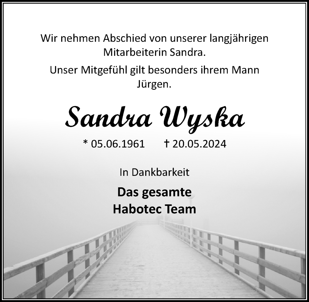  Traueranzeige für Sandra Wyska vom 26.05.2024 aus Lübecker Nachrichten