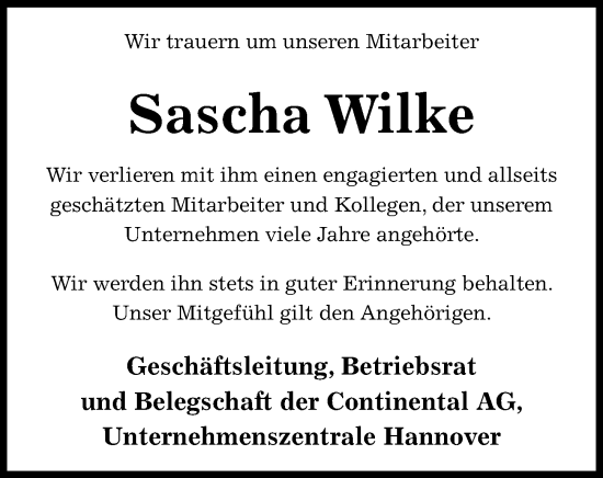 Traueranzeige von Sascha Wilke von Hannoversche Allgemeine Zeitung/Neue Presse