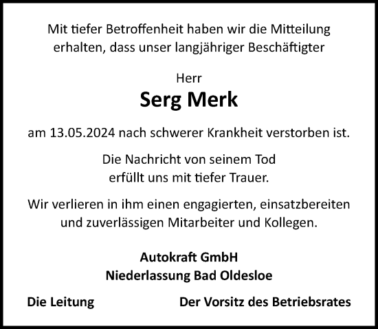 Traueranzeige von Serg Merk von Lübecker Nachrichten