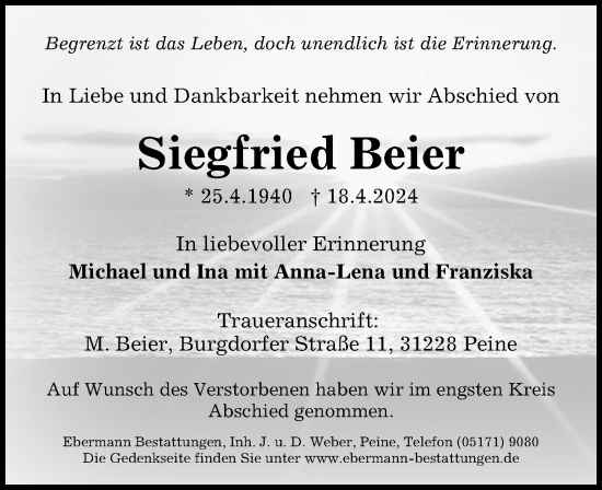 Traueranzeige von Siegfried Beier von Peiner Allgemeine Zeitung