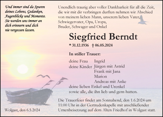Traueranzeige von Siegfried Berndt von Ostsee-Zeitung GmbH