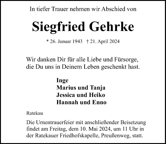 Traueranzeige von Siegfried Gehrke von Lübecker Nachrichten