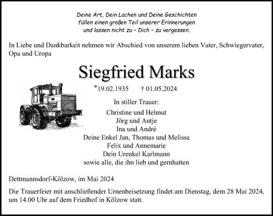 Traueranzeige von Siegfried Marks von Ostsee-Zeitung GmbH