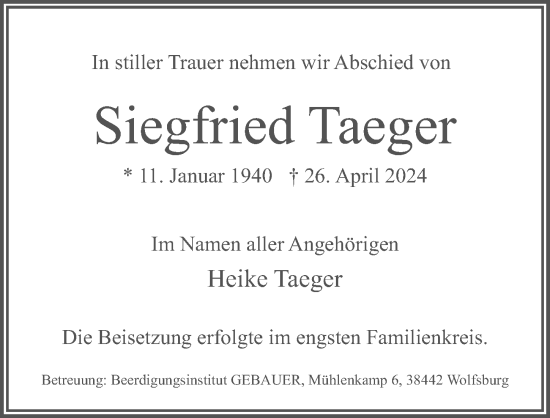 Traueranzeige von Siegfried Taeger von Aller Zeitung