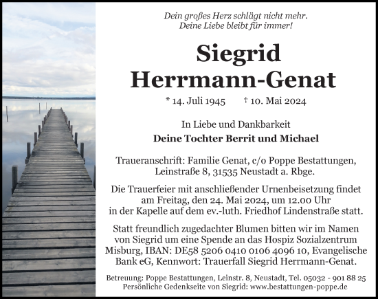 Traueranzeige von Siegrid Herrmann-Genat von Hannoversche Allgemeine Zeitung/Neue Presse