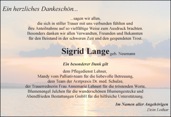 Traueranzeige von Sigrid Lange von Ostsee-Zeitung GmbH