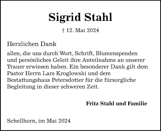 Traueranzeige von Sigrid Stahl von Kieler Nachrichten