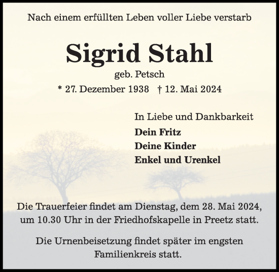 Traueranzeige von Sigrid Stahl von Kieler Nachrichten